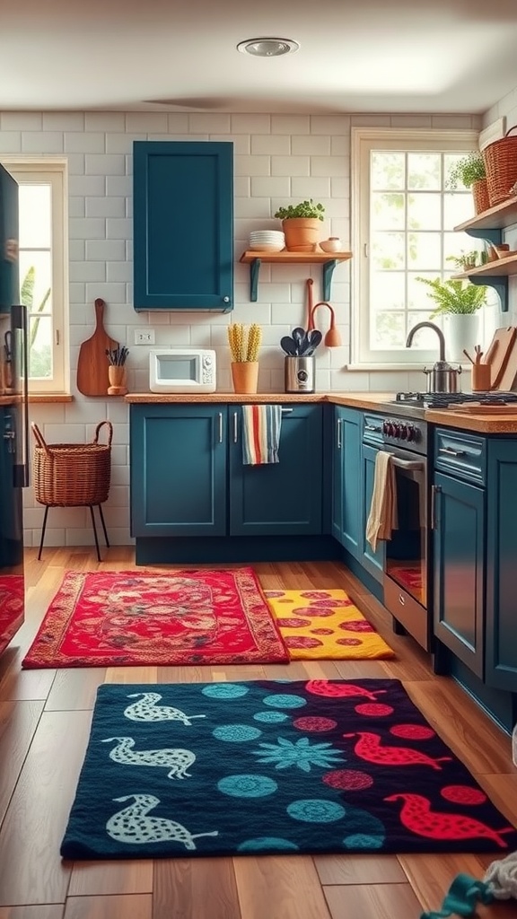 A colorful kitchen featuring various mats in red, yellow, and blue designs on a wooden floor, with blue cabinets and a bright atmosphere.