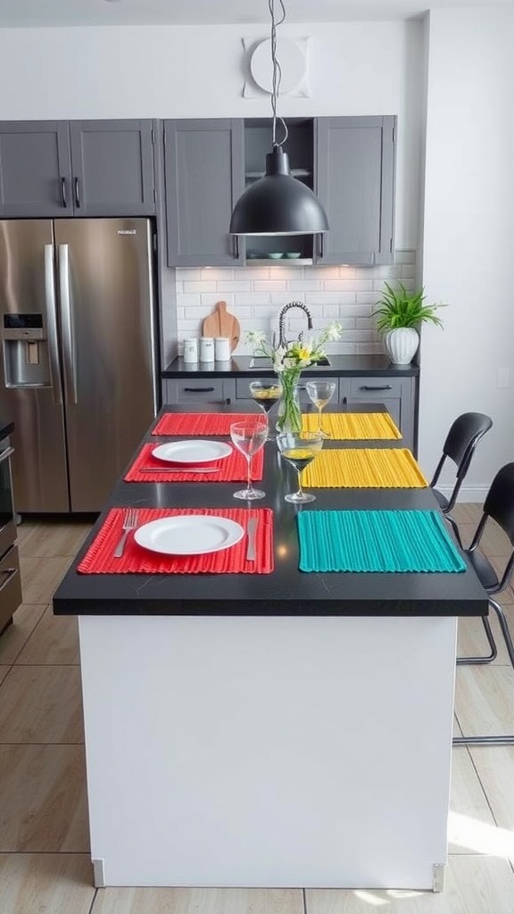 A kitchen island with colorful table mats in red, yellow, and green on a black countertop.