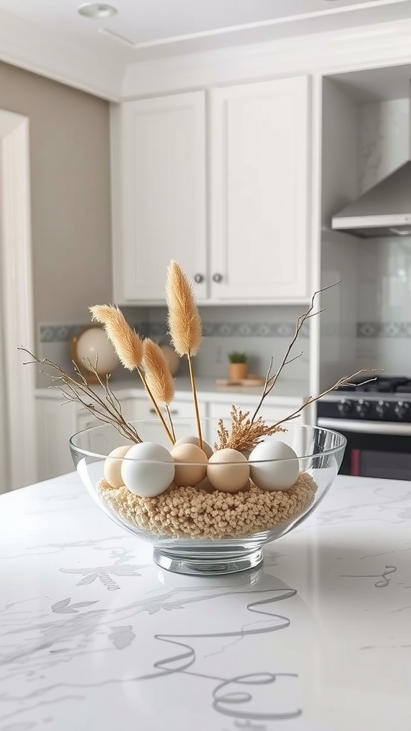 A modern glass bowl centerpiece filled with decorative eggs and dried grasses on a kitchen island.