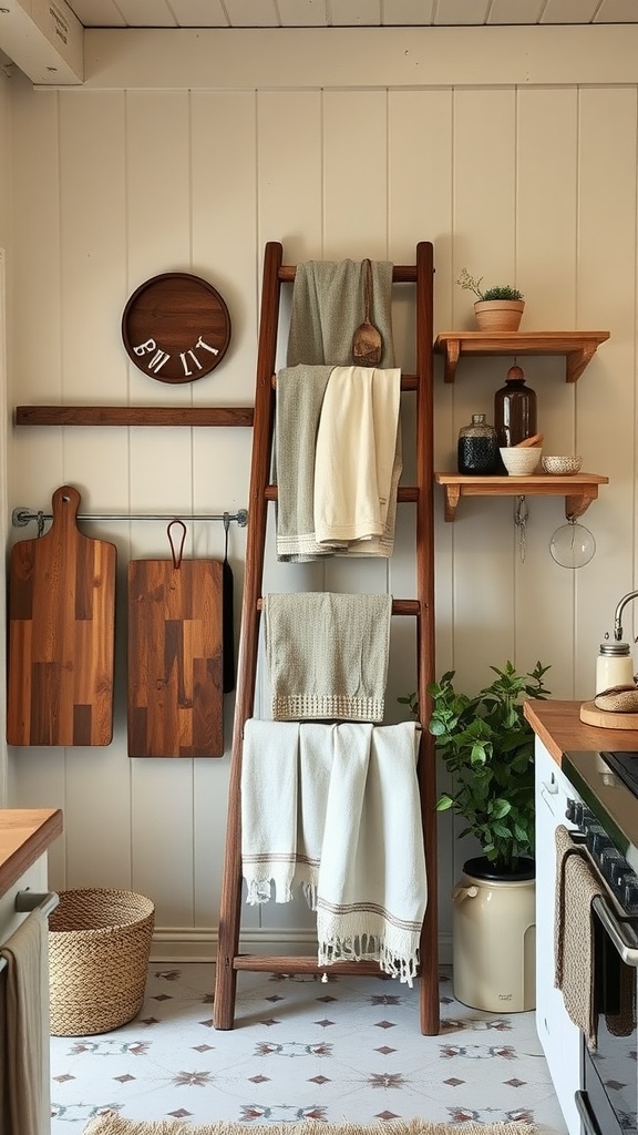 Decorative wooden ladder with towels in a farmhouse kitchen setting