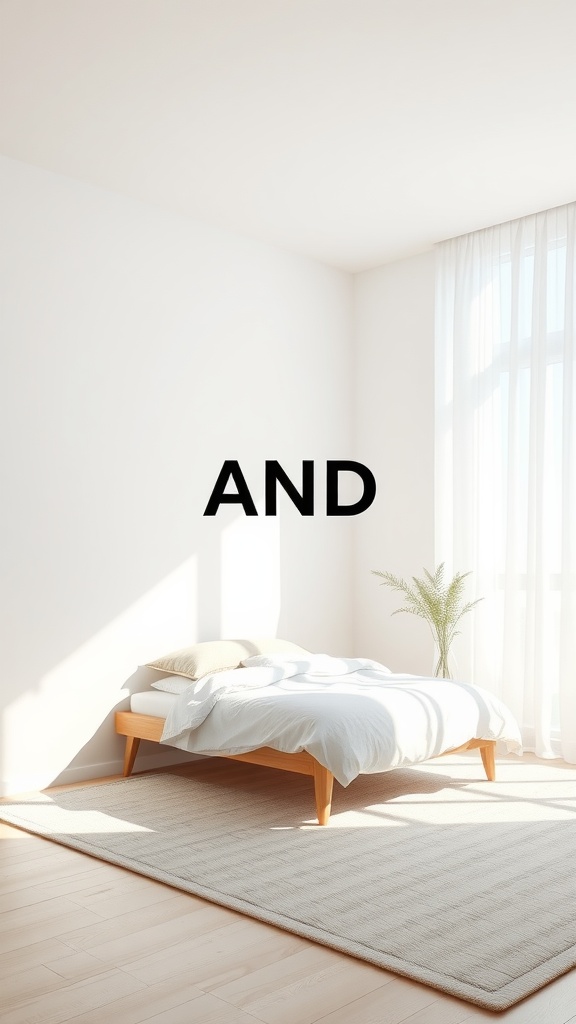 A minimalist bedroom with a low bed, large window, and a potted plant, showcasing cozy design.