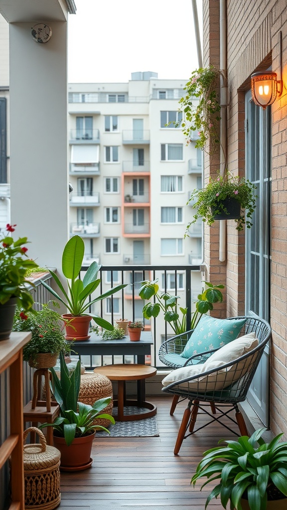 Cozy balcony with plants, a comfortable chair, and a small table