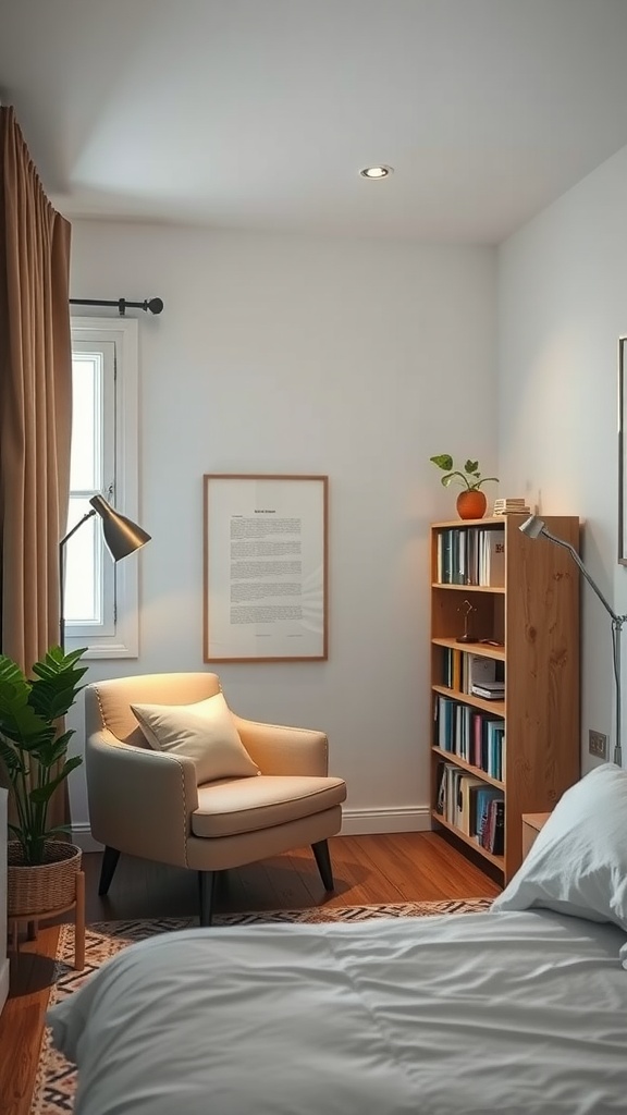 A cozy reading nook in a compact bedroom featuring a chair, a bookshelf, and a small plant.