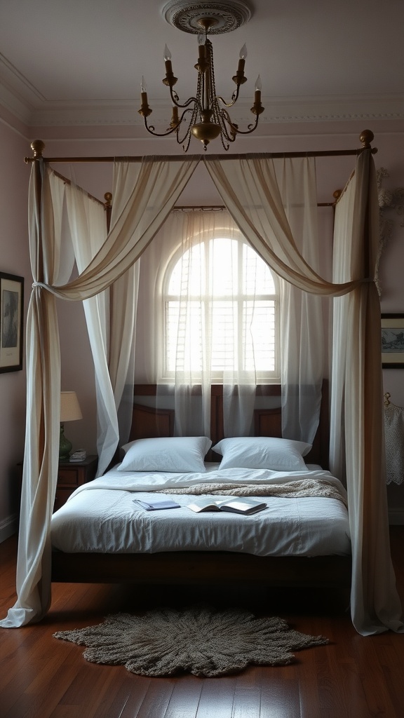 A cozy bedroom featuring a canopy bed with soft drapes, warm wooden furniture, and inviting bedding.