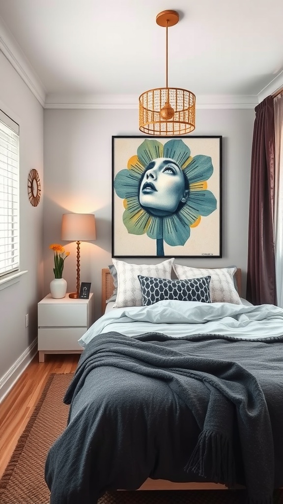 A cozy small bedroom featuring a bold floral art piece, layered bedding, and stylish lighting.