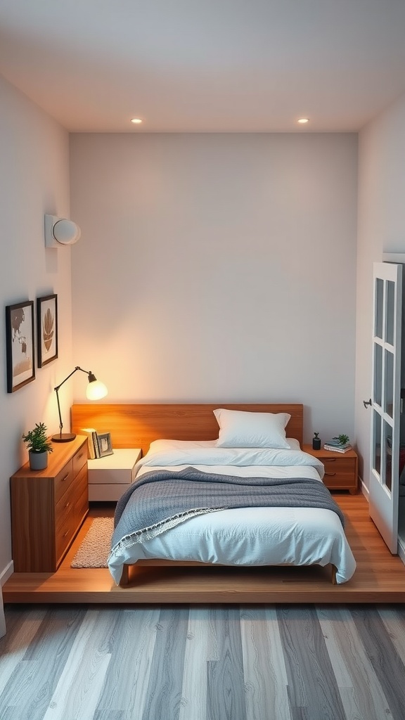 A cozy 10x10 bedroom featuring a centrally placed bed, wooden furniture, plants, and a clean layout.