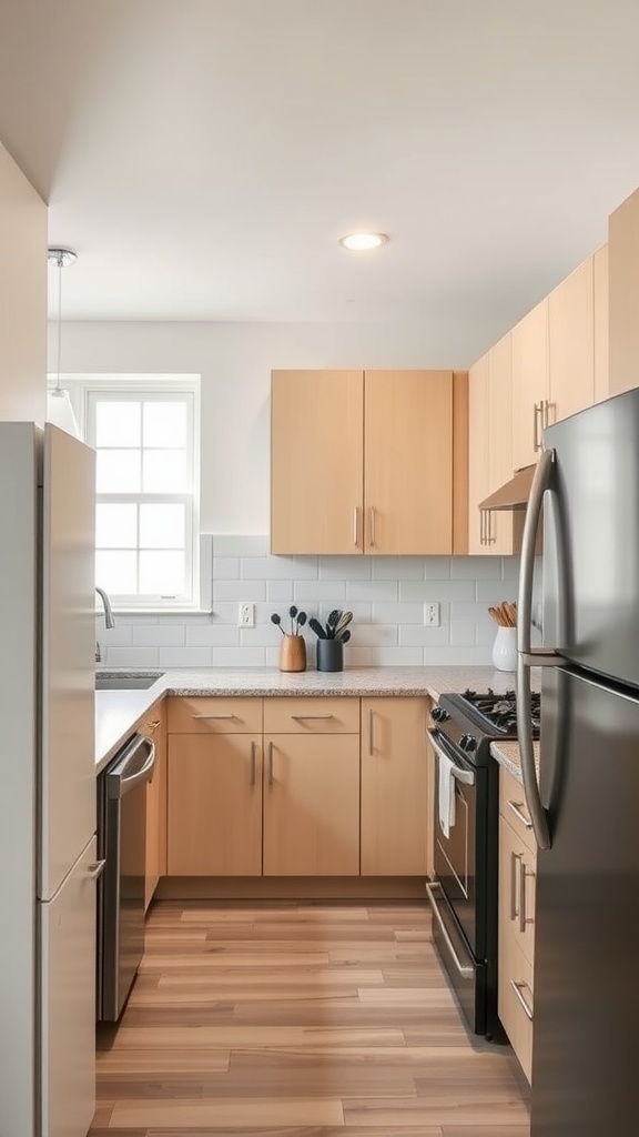 A simple kitchen design featuring light wood cabinets, a black stove, and a fridge in a small space.