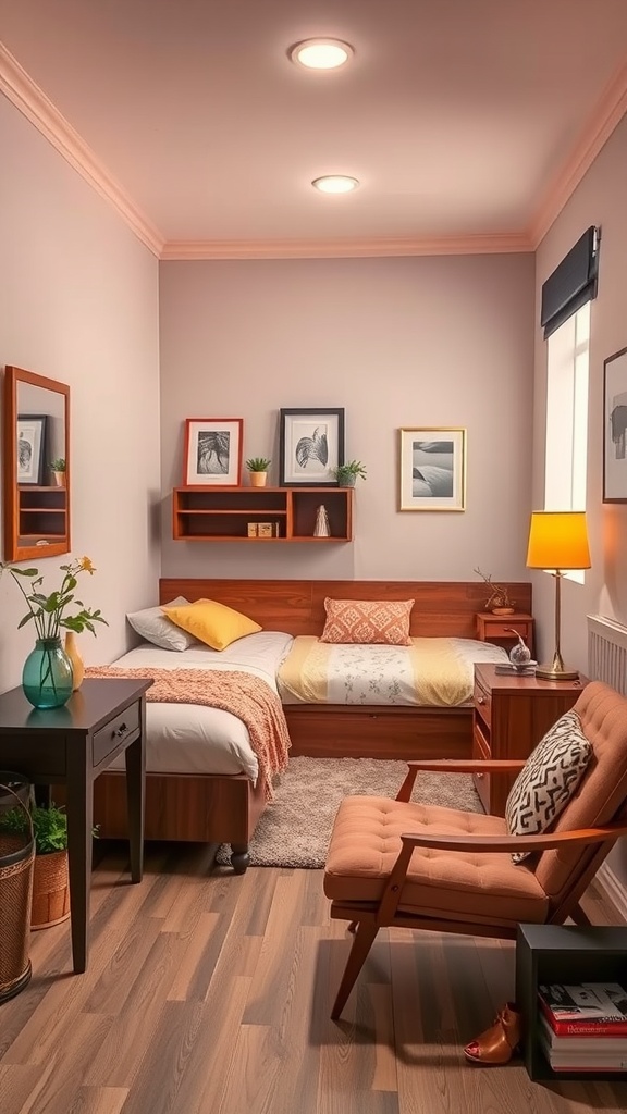 Cozy small bedroom with warm colors and stylish furniture