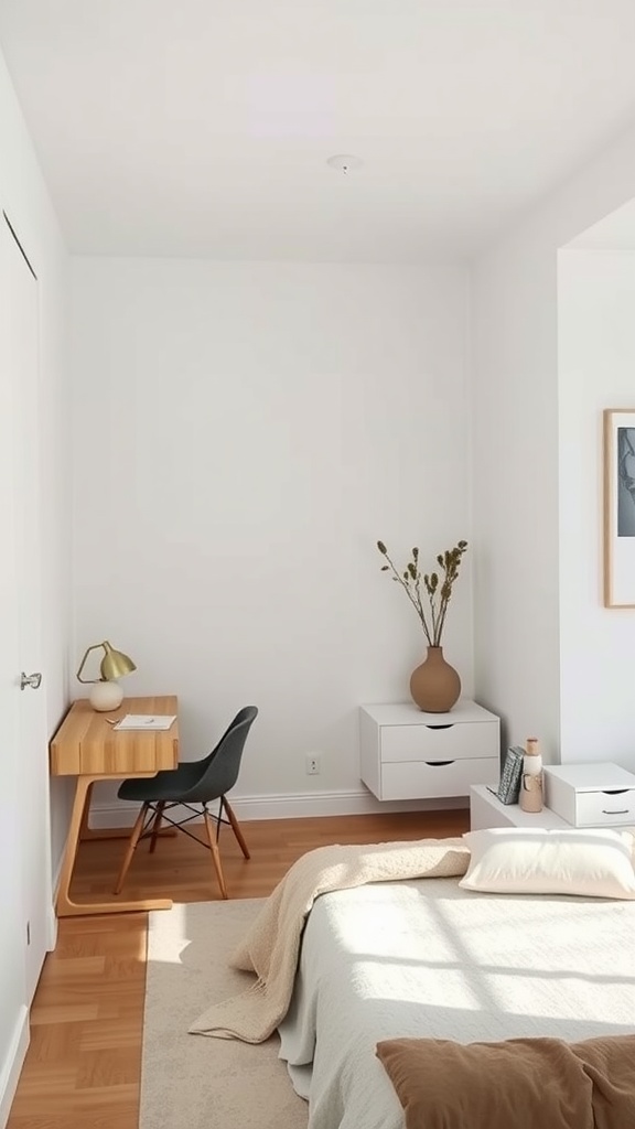 A minimalist small bedroom featuring a bed with a white coverlet, a small wooden desk, and soft decor elements.