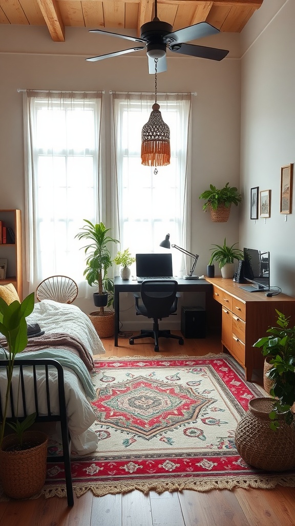 A cozy boho-style bedroom with a workspace, featuring a bed, desk, and plants.