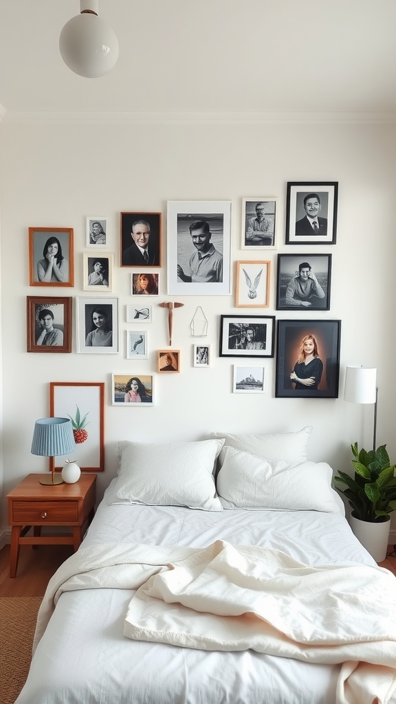 A cozy bedroom with a gallery wall made of framed photos and art, complemented by a bedside table and a plant.