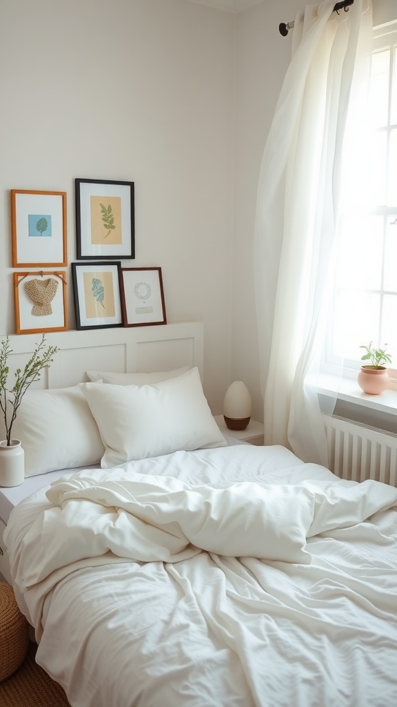 A cozy small bedroom with soft bedding, framed botanical art on the wall, and light curtains.