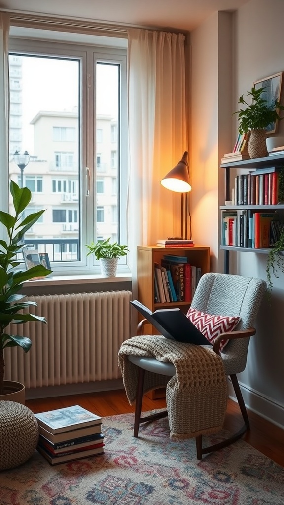 Cozy reading nook with a chair, blanket, bookshelf, and plants in a modern studio apartment.