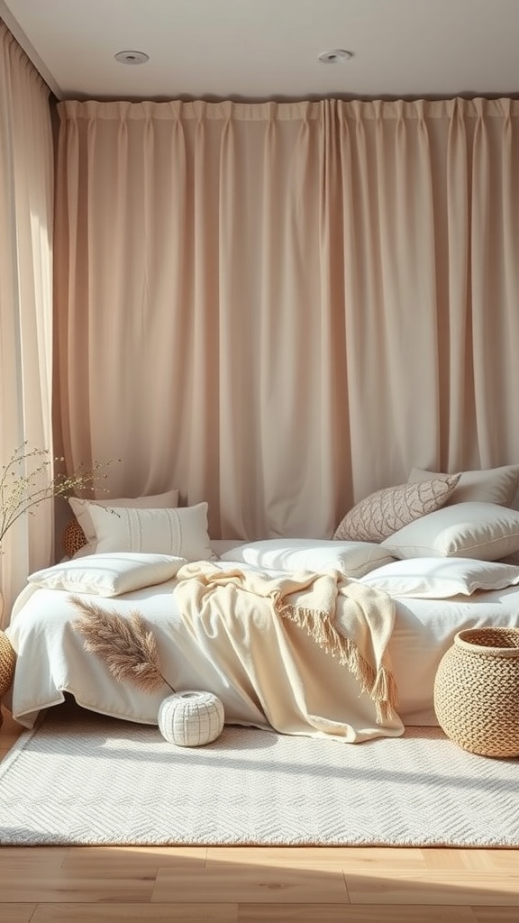 A cozy 10x10 bedroom featuring soft textiles, neutral colors, and warm lighting.