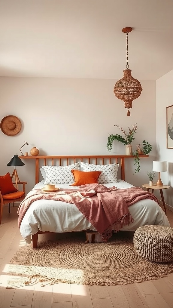 Boho style bedroom with earthy tones and cozy textures