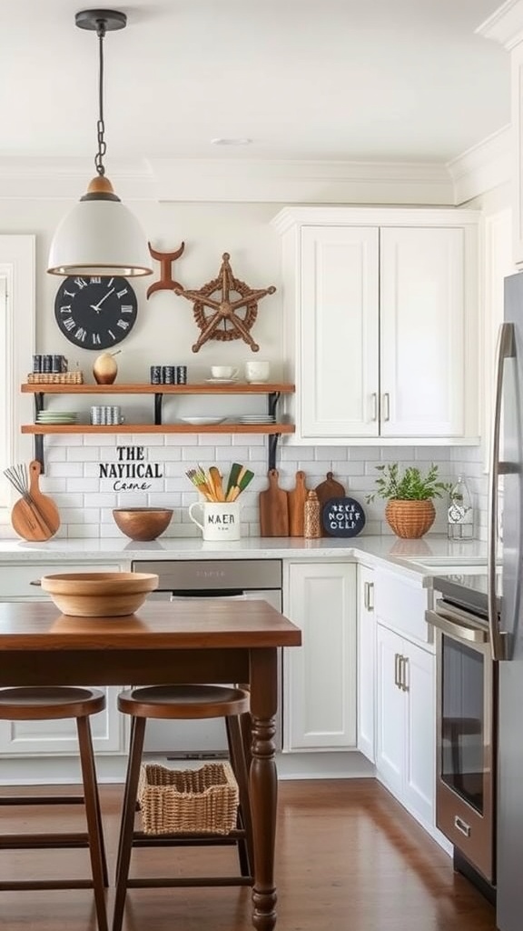 A nautical-themed kitchen with white cabinets, wooden accents, and nautical decor.
