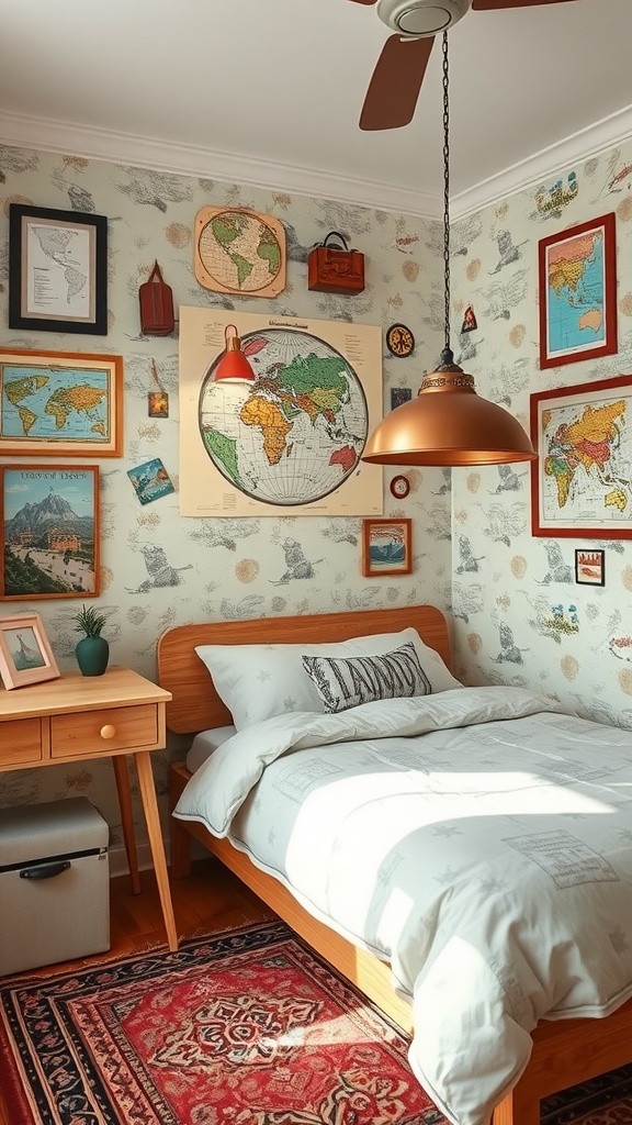 A travel-inspired bedroom with maps and travel-themed decorations.