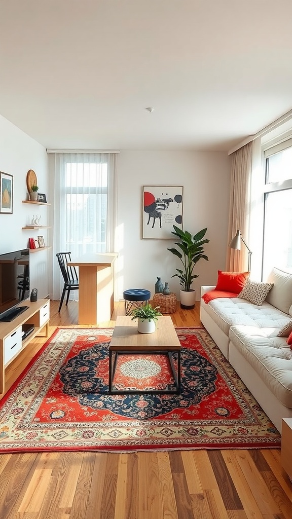 Cozy modern studio apartment featuring a vibrant area rug, a gray sofa, a red chair, and a wooden coffee table.