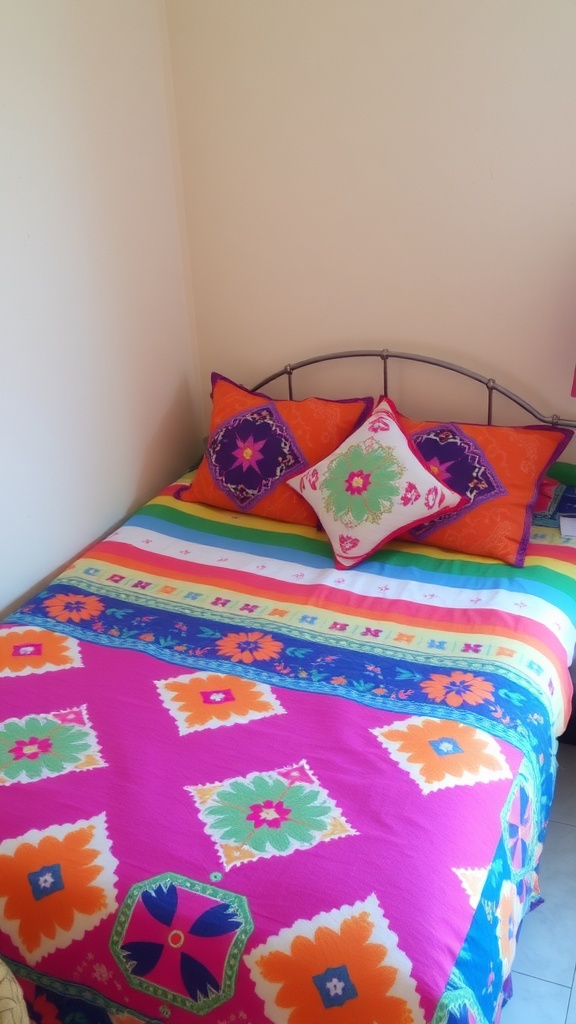 A colorful bed with vibrant bedding and decorative pillows