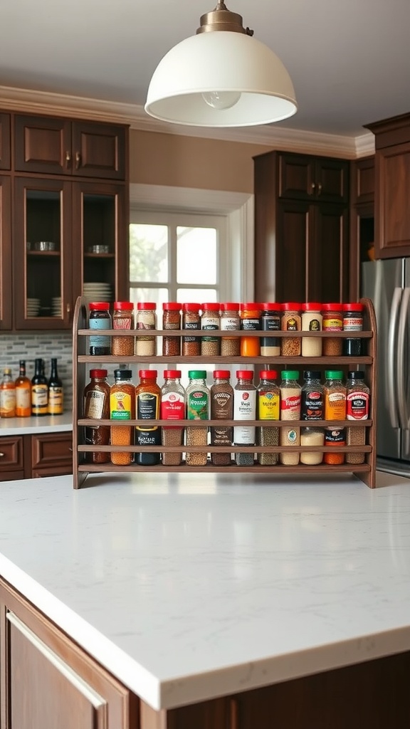 A well-organized spice rack on a kitchen island, featuring jars with colorful lids and various spices.