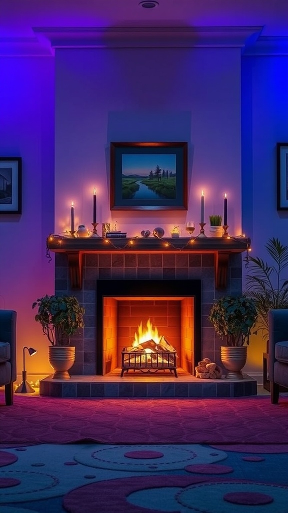 Cozy fireplace with creative lighting, featuring candles and colored lights.
