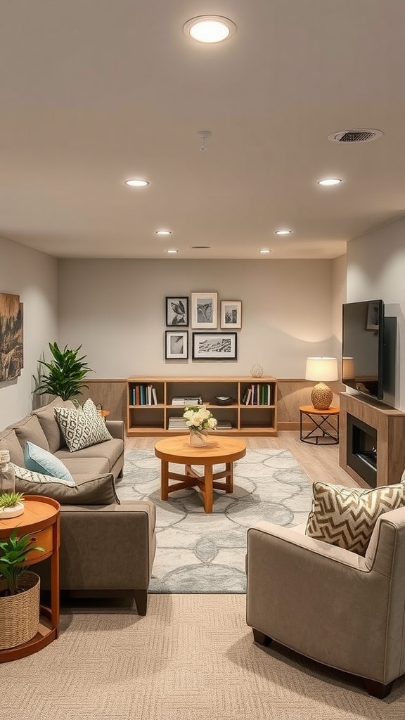 Cozy basement family room with neutral sofas, a round coffee table, and a modern TV setup.