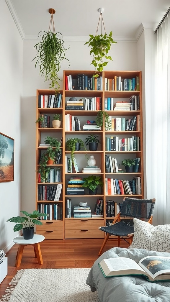 A cozy bedroom featuring a tall bookshelf filled with books and plants, complemented by a reading nook with a chair and side table.