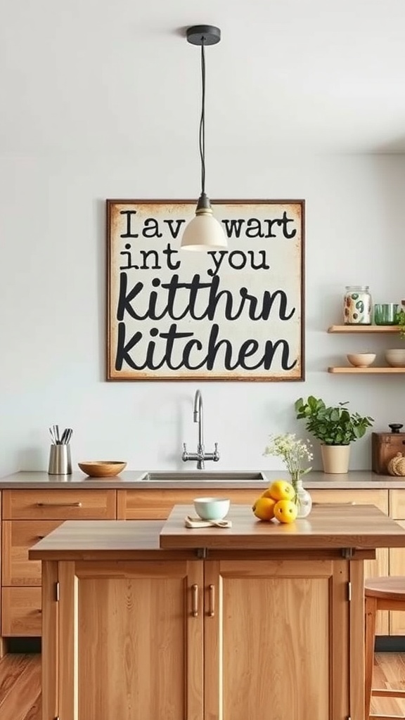 A kitchen with wooden cabinets and a large wall art piece above the island