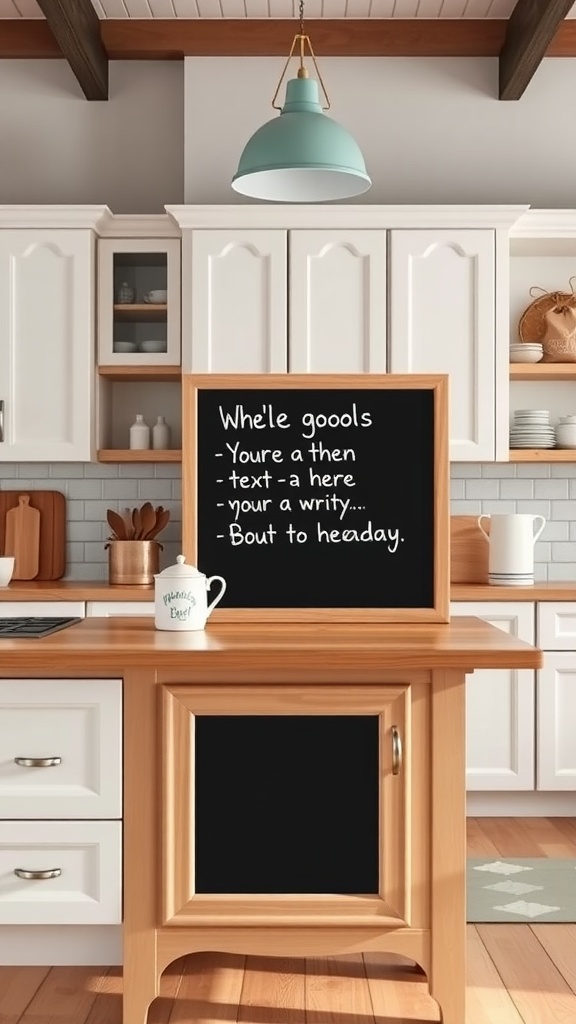 A kitchen island with a customizable chalkboard message board displaying playful writing.