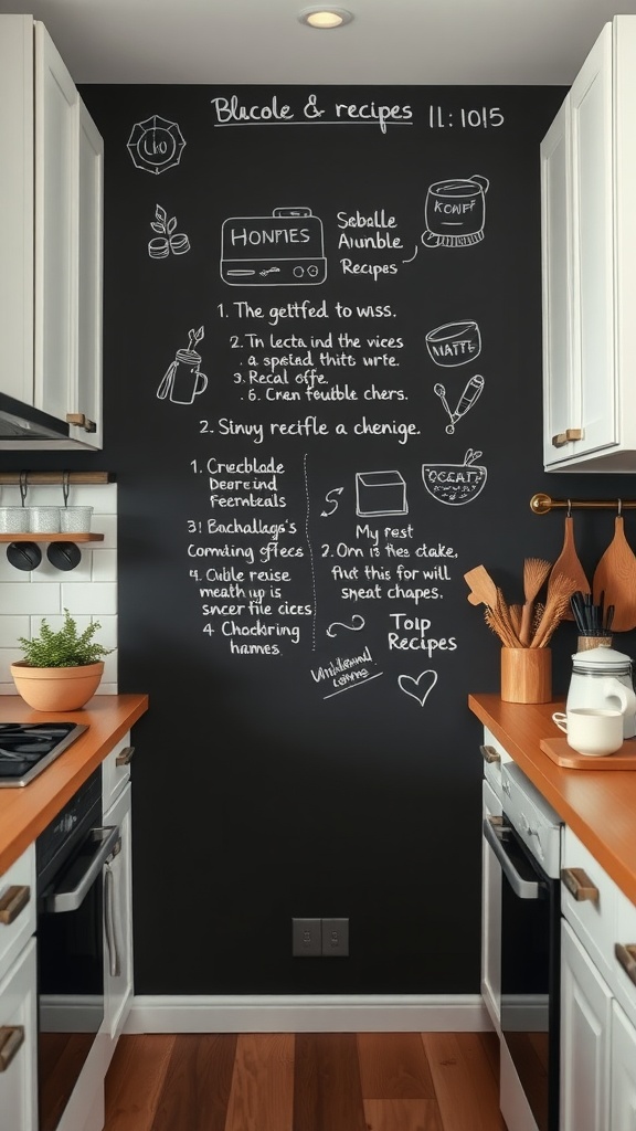 A kitchen with a chalkboard wall displaying recipes and notes.