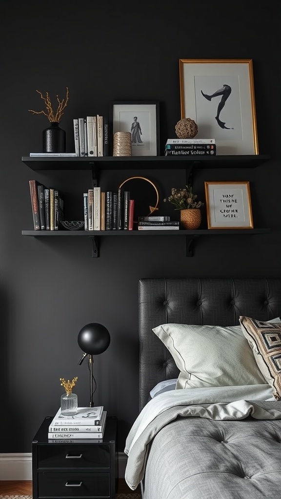 A stylish bedroom featuring customizable wall shelves filled with books and decor items against a dark wall.