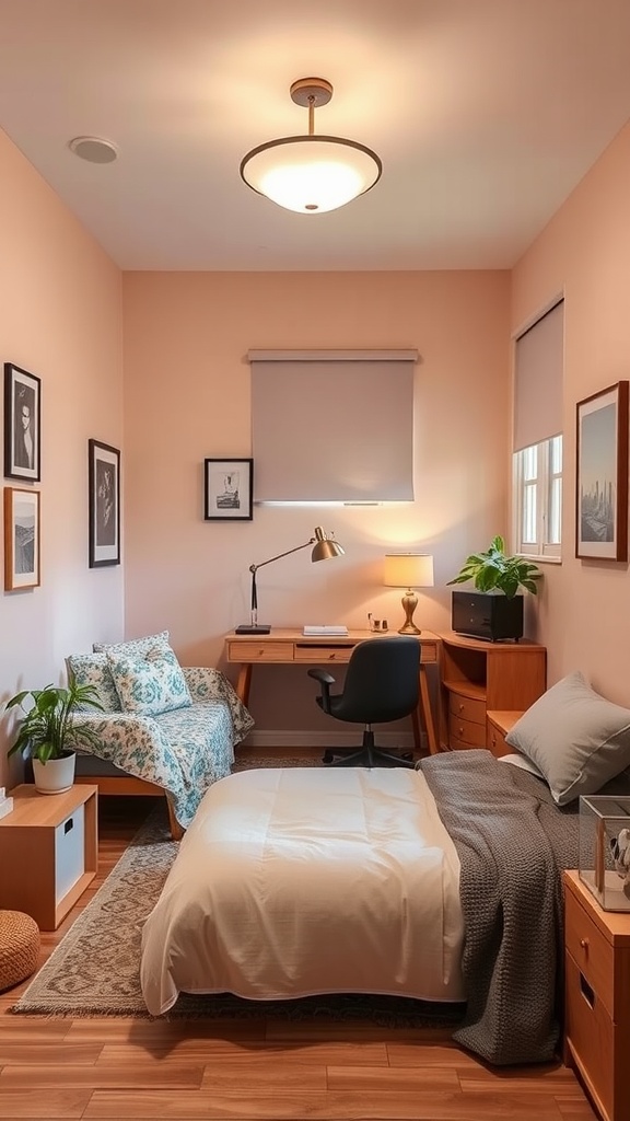 A small, customized bedroom layout featuring a bed, sofa, desk, and decorative elements.