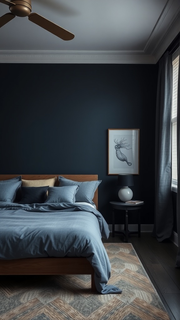 A cozy bedroom with deep blue walls, layered bedding, and a warm wooden bed frame.