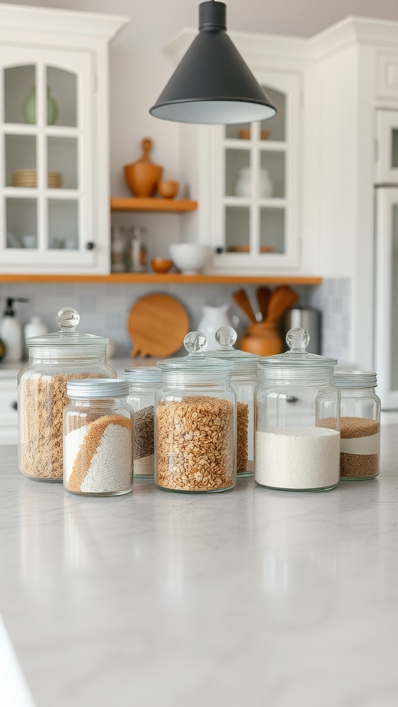 Decorative glass canisters filled with various ingredients on a kitchen island