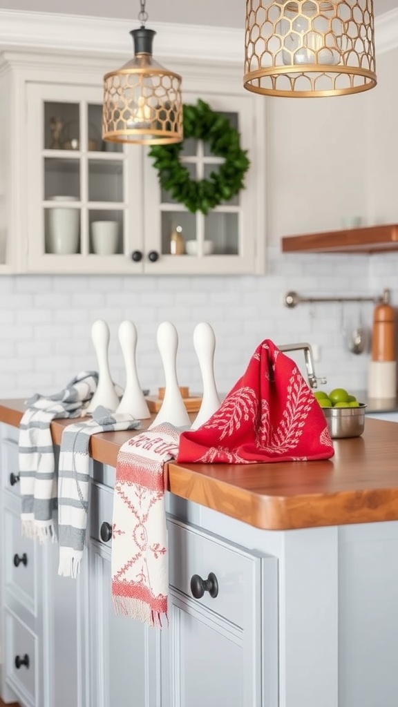 Decorative kitchen towels displayed on a kitchen island, featuring a red towel and striped fabrics, enhancing the kitchen decor.