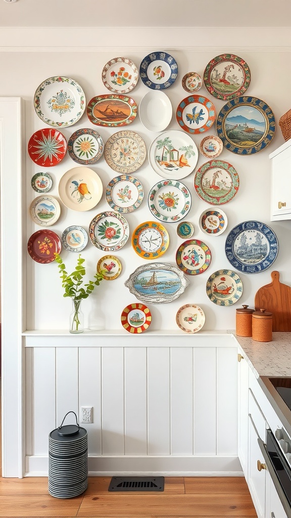 A charming decorative plate wall featuring a variety of colorful plates in a farmhouse kitchen.