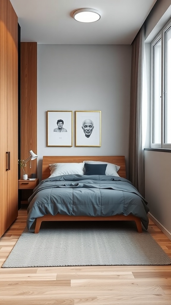 A small modern bedroom with light gray walls, wooden furniture, and minimal decoration, designed to seem larger.