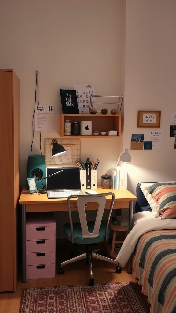 Compact workspace in a small bedroom with desk, chair, and storage.