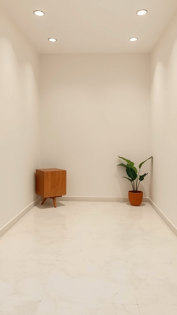 A minimalist small room featuring a wooden cabinet, a plant, and soft lighting.