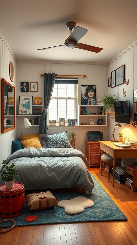 A cozy themed bedroom with a bed, desk, artwork, and plants, designed for personal expression.