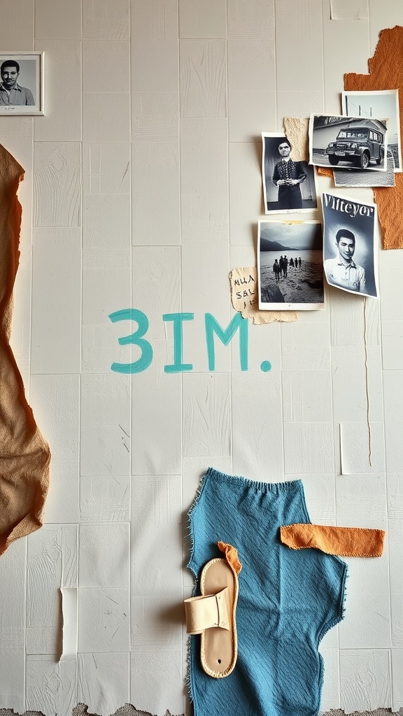 A creative grunge wall with photos, fabric scraps, and playful text.