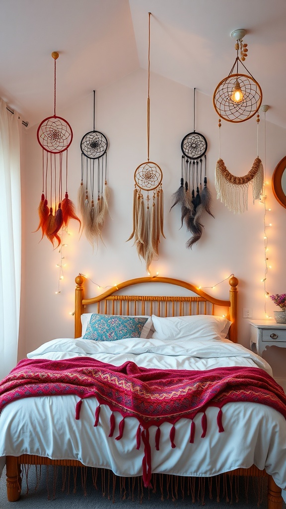 A cozy boho bedroom featuring multiple dreamcatchers hanging on the wall, soft lighting, and a warm color palette.