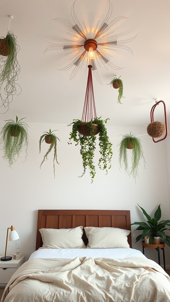 A ceiling featuring a unique light fixture and hanging plants, styled for an eclectic bedroom.