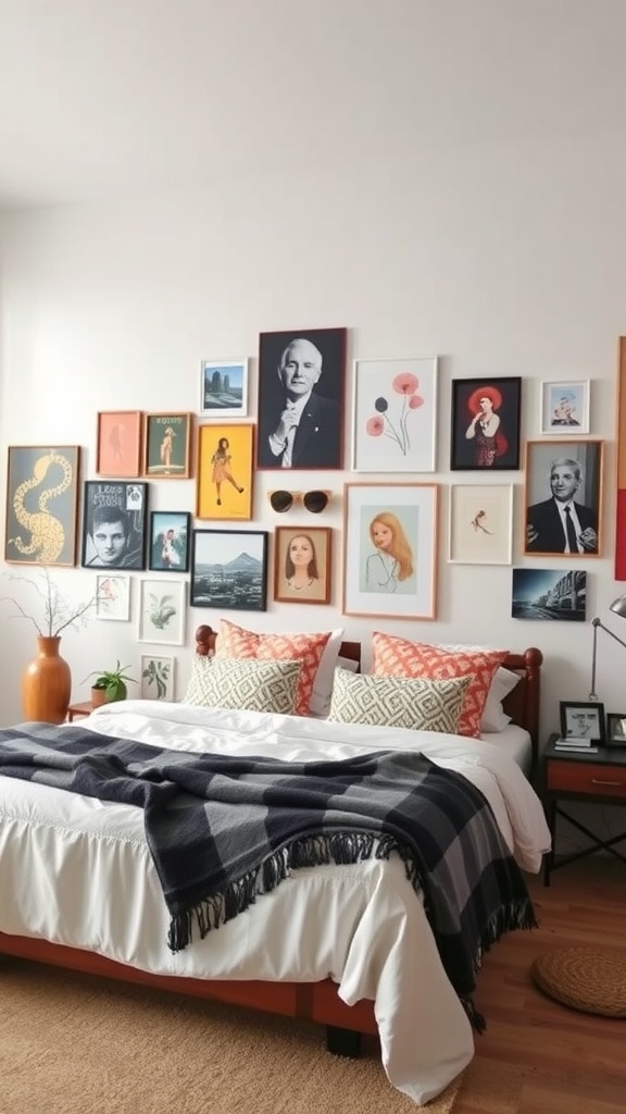 Cozy bedroom with eclectic gallery wall featuring various art pieces and decorative pillows