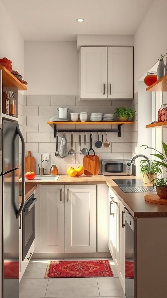 A compact kitchen featuring white cabinets, wooden shelves, and an organized countertop with fruits and kitchenware.