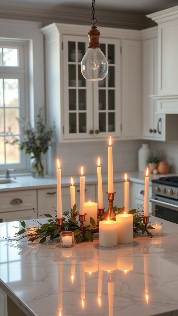 A candle arrangement on a kitchen island featuring tall taper and round candles surrounded by greenery.
