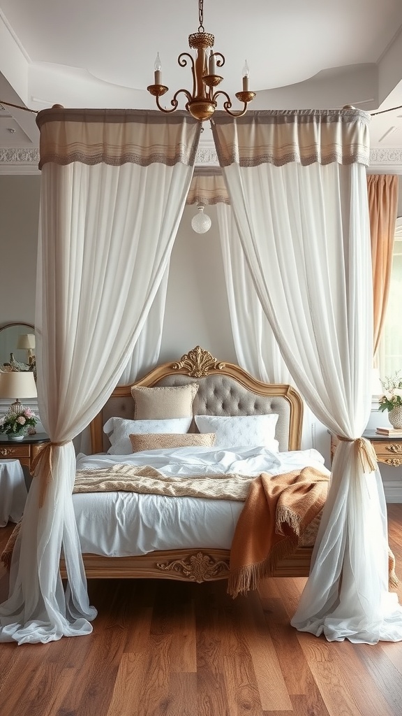 Elegant canopy bed with drapes and warm wooden flooring