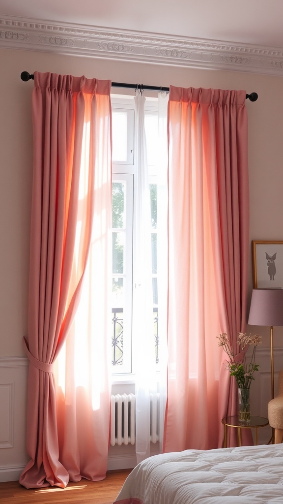 Elegant pink curtains with sunlight filtering through a window in a cozy bedroom