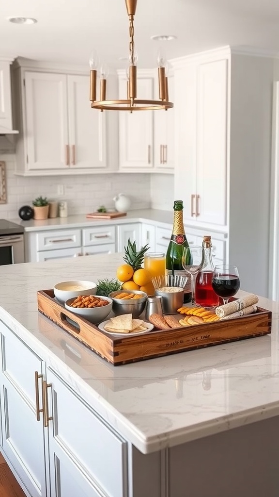 A wooden serving tray filled with snacks and drinks on a kitchen island.