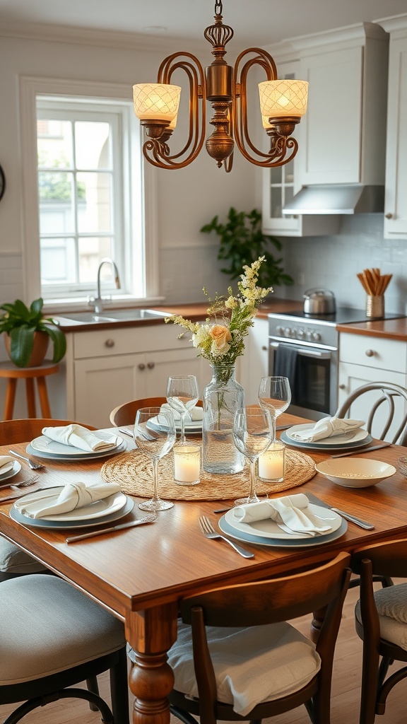A cozy dining table set with plates, glasses, and candles in a bright kitchen.